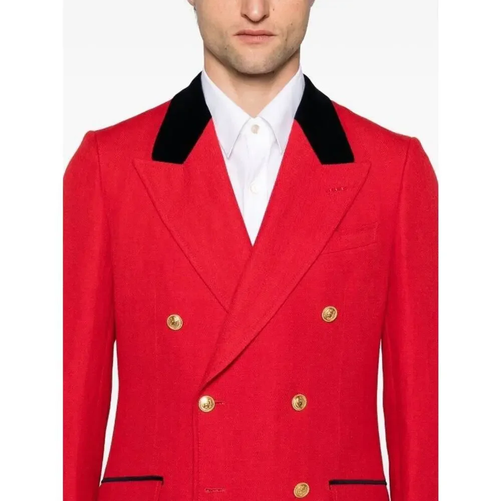 Gucci Herringbone Jacket 48 US 38 Red Wool Linen Double Breast Blazer NWT $3,600